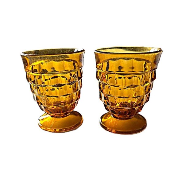 2 Vintage MCM Harvest Gold Indiana Glass Whitehall Cubist footed juice glasses - Picture 1 of 4